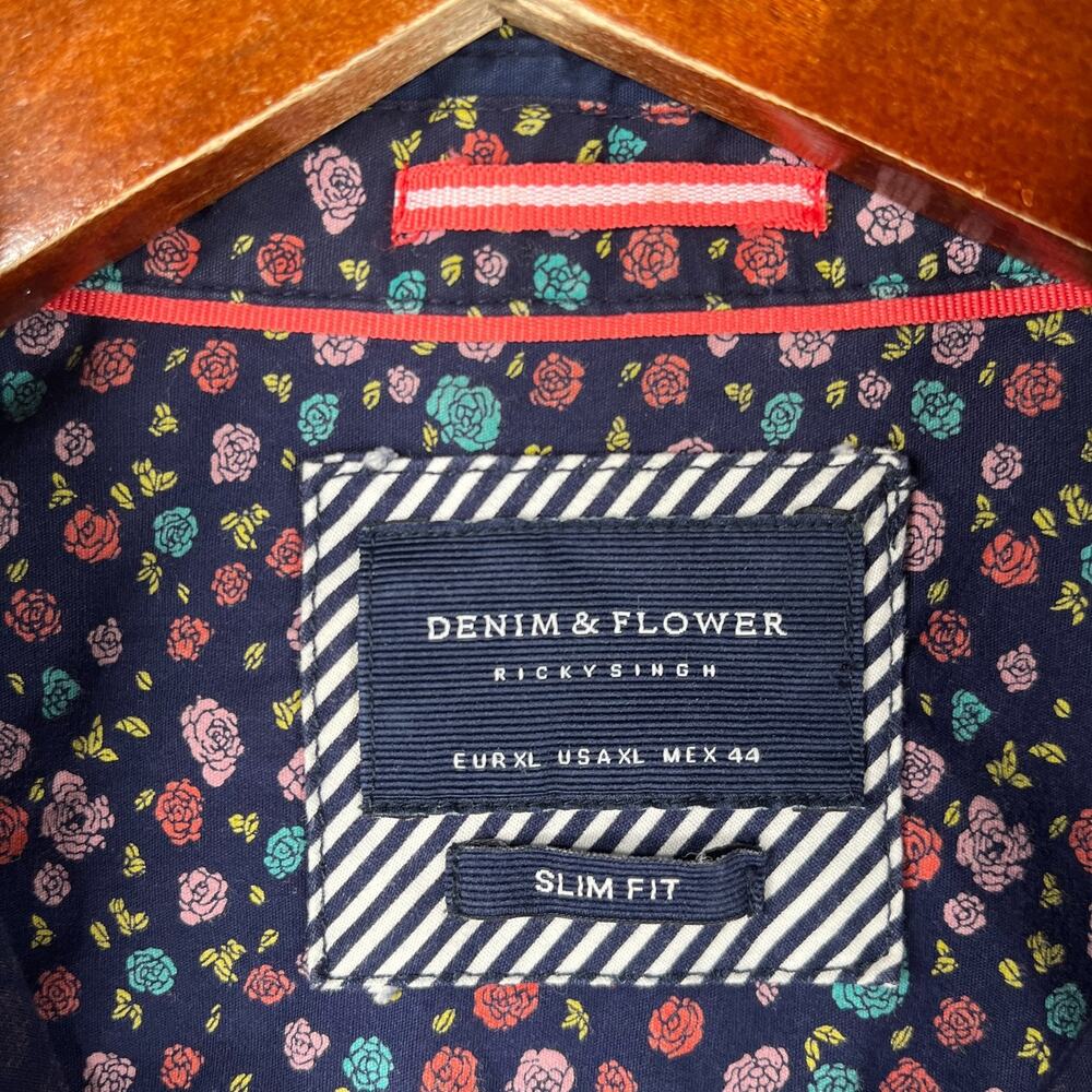 Denim & Flower Floral XL Shirt Slim Fit Colorful Button Up Short Sleeve Mens - Picture 3 of 7